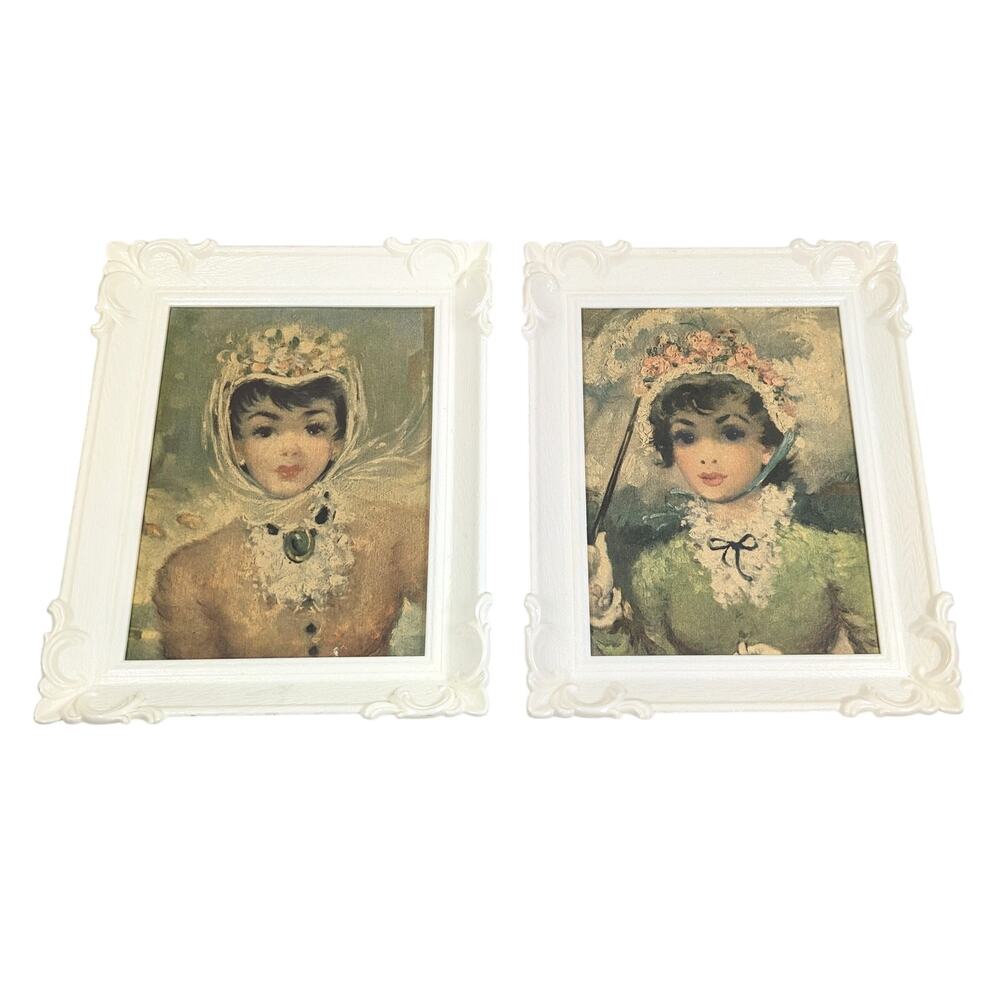 Vintage 1960s/70s Pair of Plastic Frame Cardboard Wall Art Prints Ladies 8 x 10
